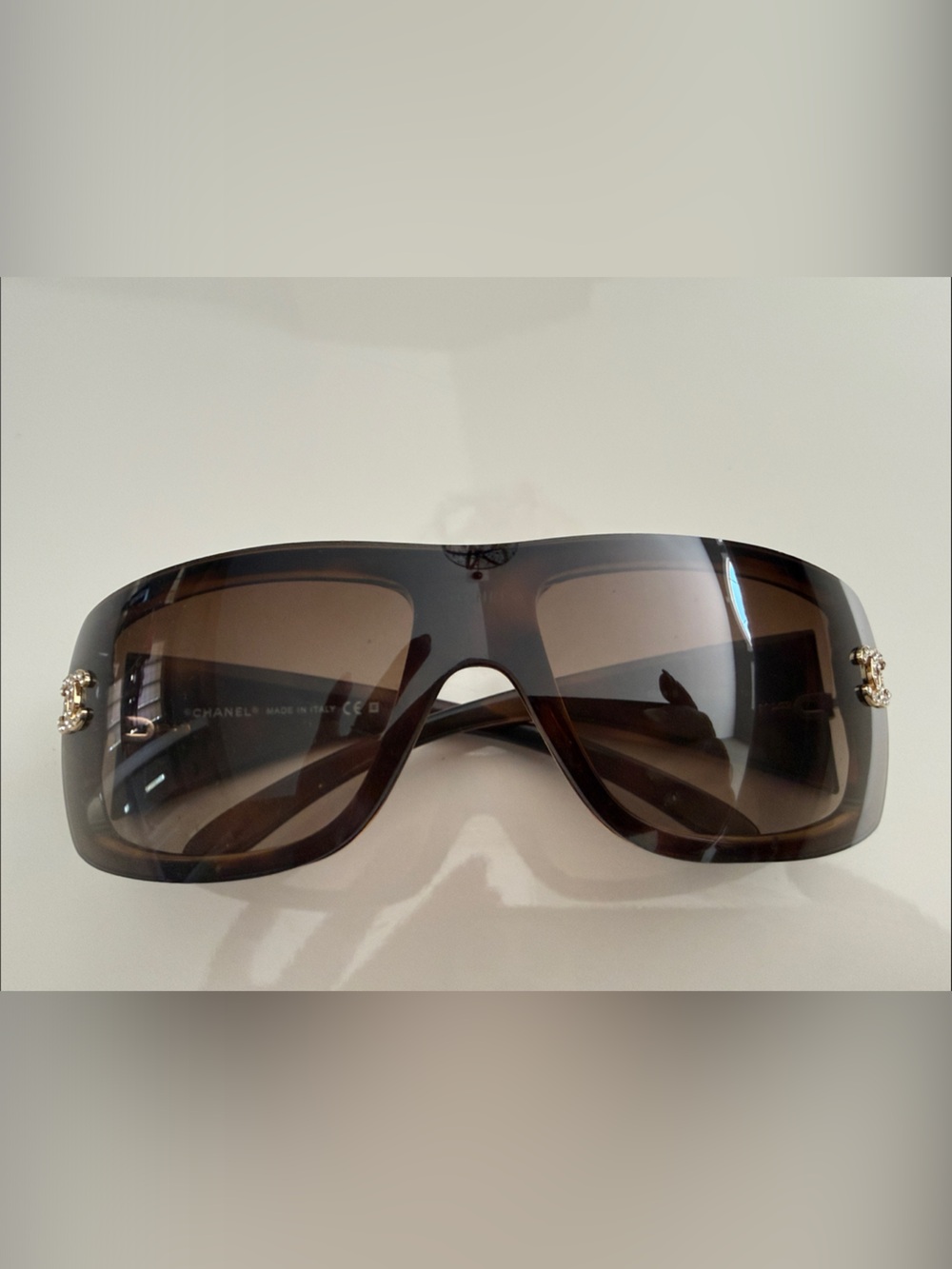 CHANEL Brown Gradient Shield Sunglasses with Gold CC Accents